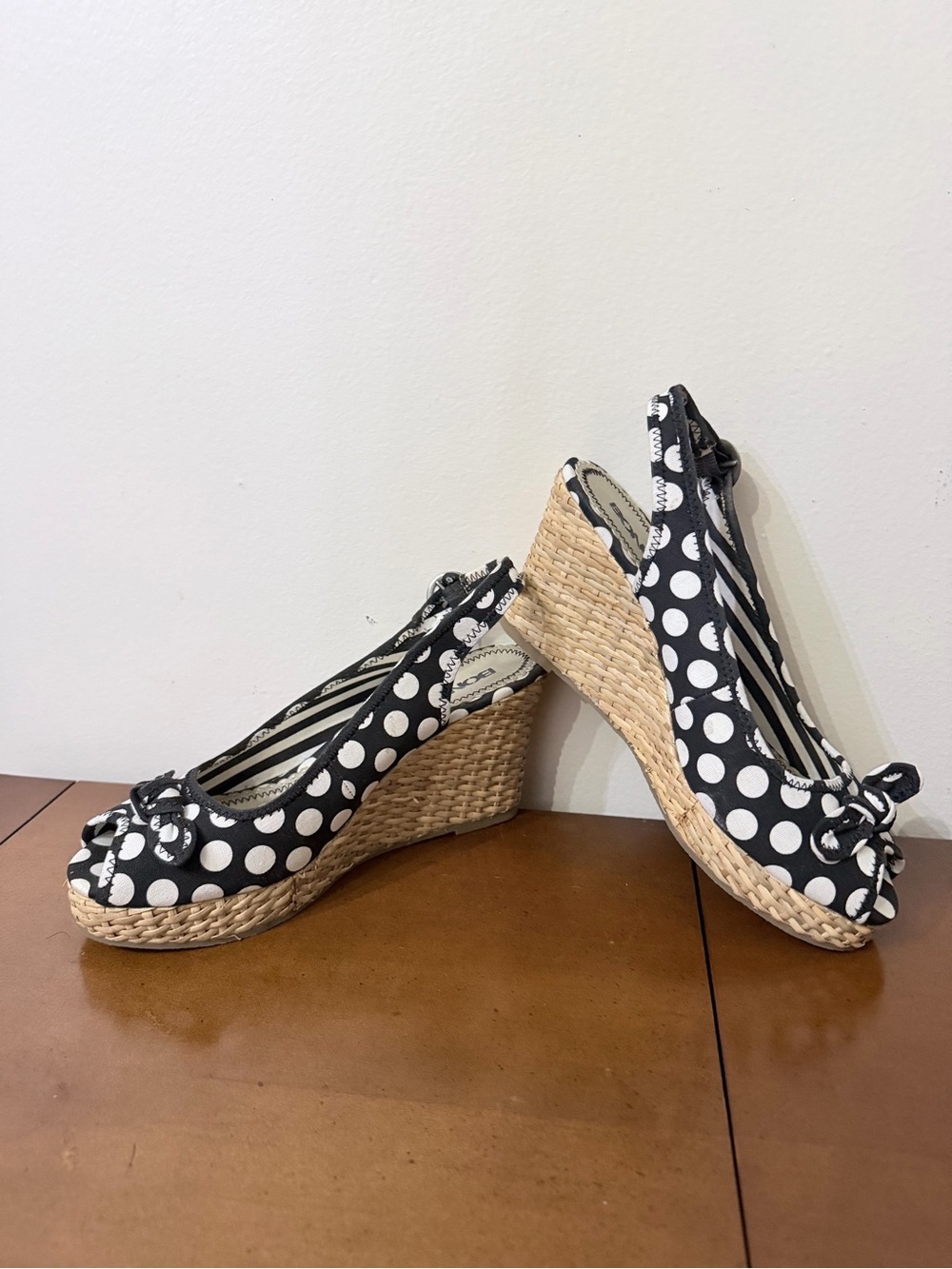 Y2K Black & White Polka Dot Sling Back Wedge Heels Platform Open Peep Toe 8